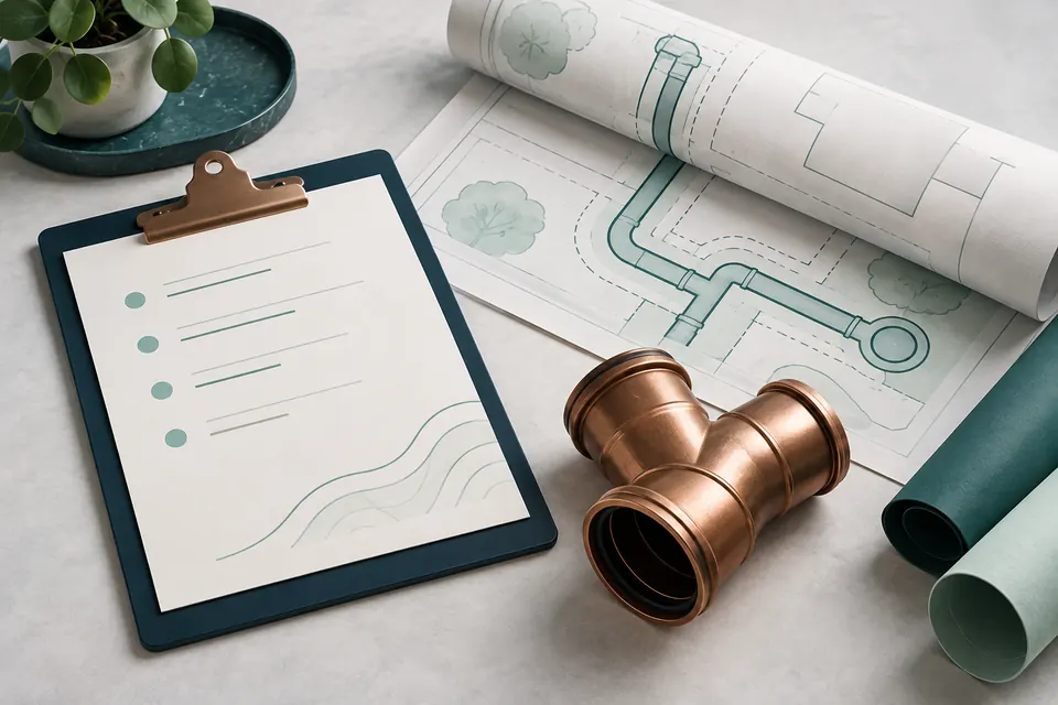 Illustration of a clipboard, rolled pipe plan, and copper pipe fitting on a desk.