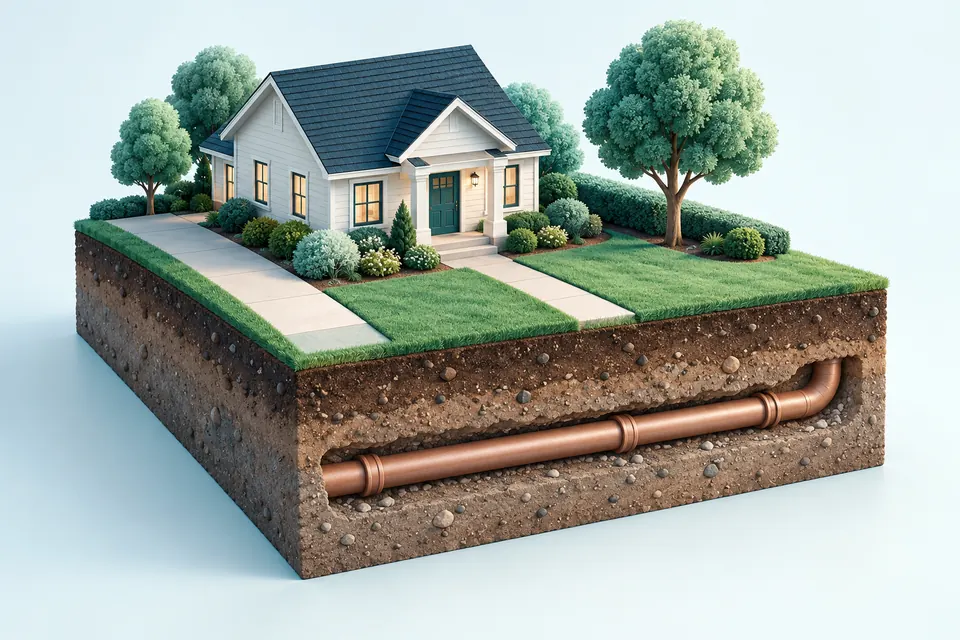 Conceptual illustration of a house and landscaped yard with a sewer pipe visible beneath the ground.
